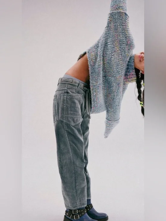 NWOT Free People We The Free Moxie Flocked Pull-On Barrel Jeans green blue 31 IR - Picture 7 of 13